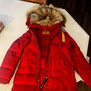 Parajumpers Masterpiece Series Red Down Midi Parka with Fur Hood - Size Small